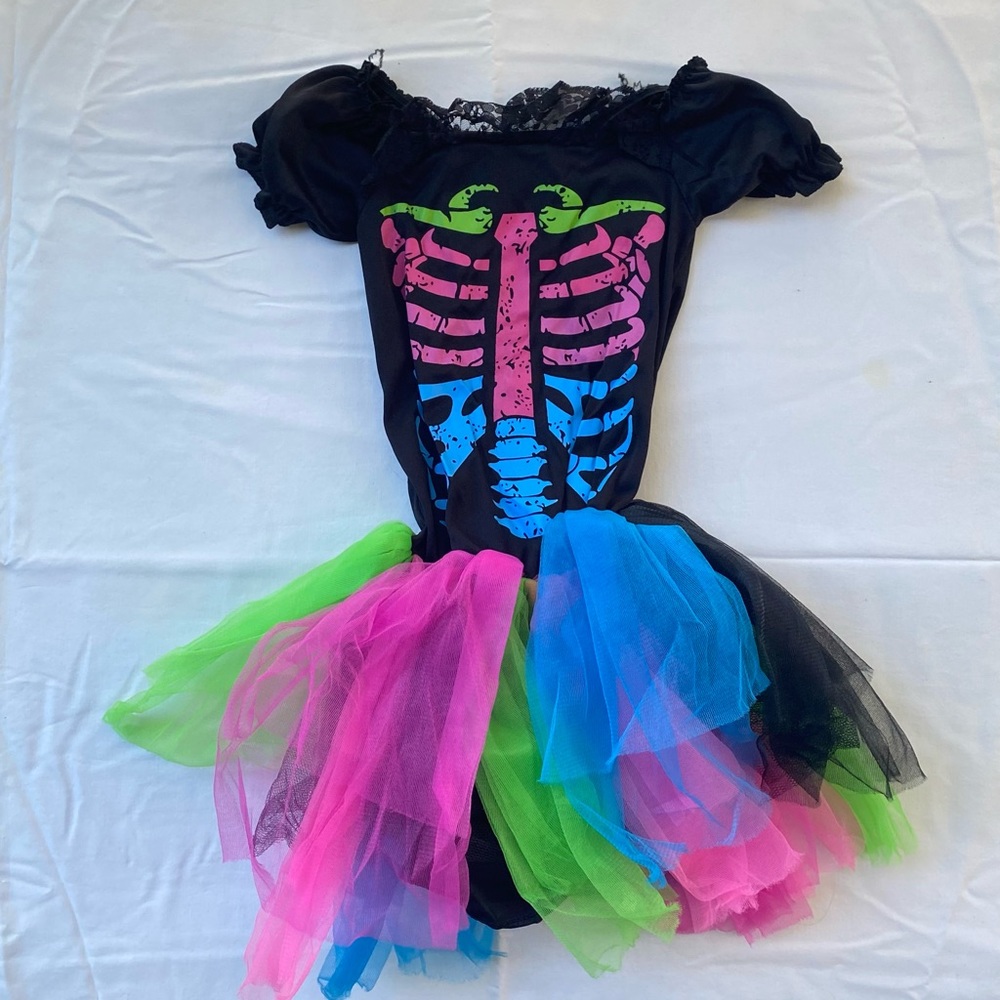 Girls Pink Green Blue and Black Skeleton Tutu Dress Halloween Costume